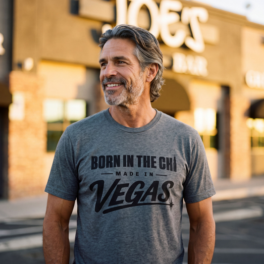 Born In The Chi Las Vegas t-shirt second lifestyle shot in premium heather