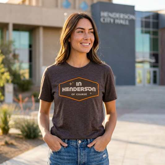 Henderson Badge Of Honor Las Vegas area code t-shirt lifestyle shot in macchiato