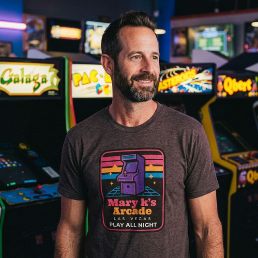 Mary Ks Arcade Las Vegas area code t-shirt lifestyle shot in macchiato