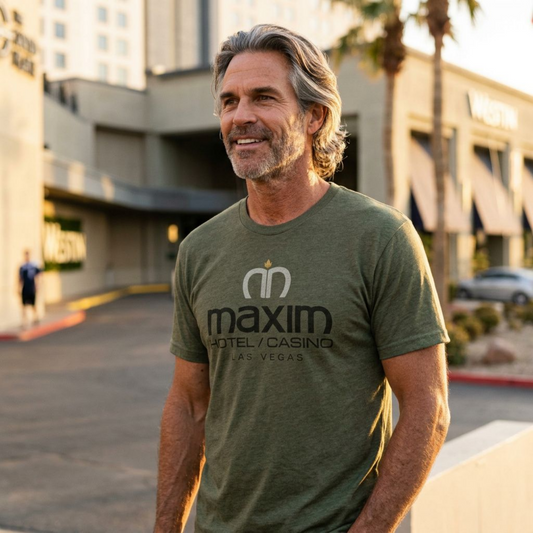 Maxim Hotel & Casino Las Vegas area code t-shirt lifestyle shot in military green