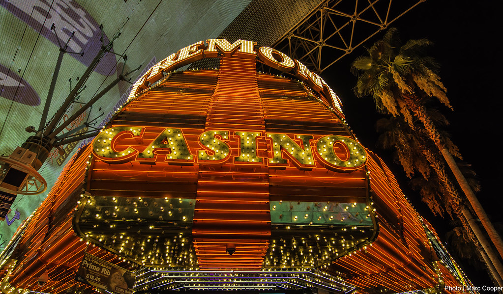 Fremont casino marquee blazing at night in downtown Las Vegas
