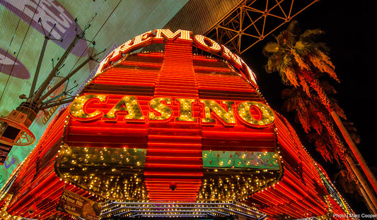 Fremont casino marquee blazing at night in downtown Las Vegas