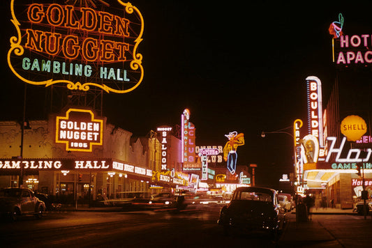 Fremont Street Las Vegas at night in 1952 with Golden Nugget and Vegas Vic neon signs