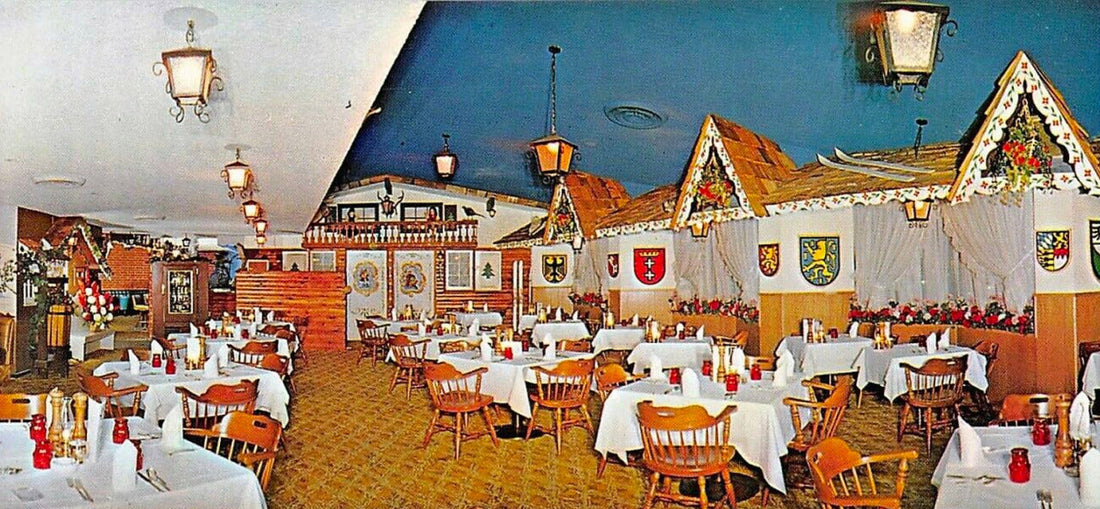 Alpine Village Inn Las Vegas dining room decorated like a Bavarian village, vintage 1960s postcard