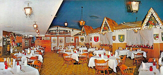 Alpine Village Inn Las Vegas dining room decorated like a Bavarian village, vintage 1960s postcard