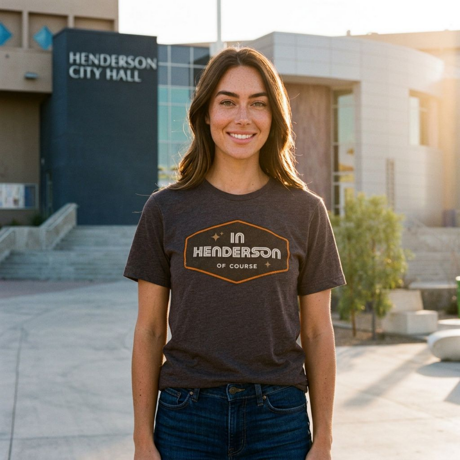 Henderson Of Course badge t-shirt lifestyle shot in military green