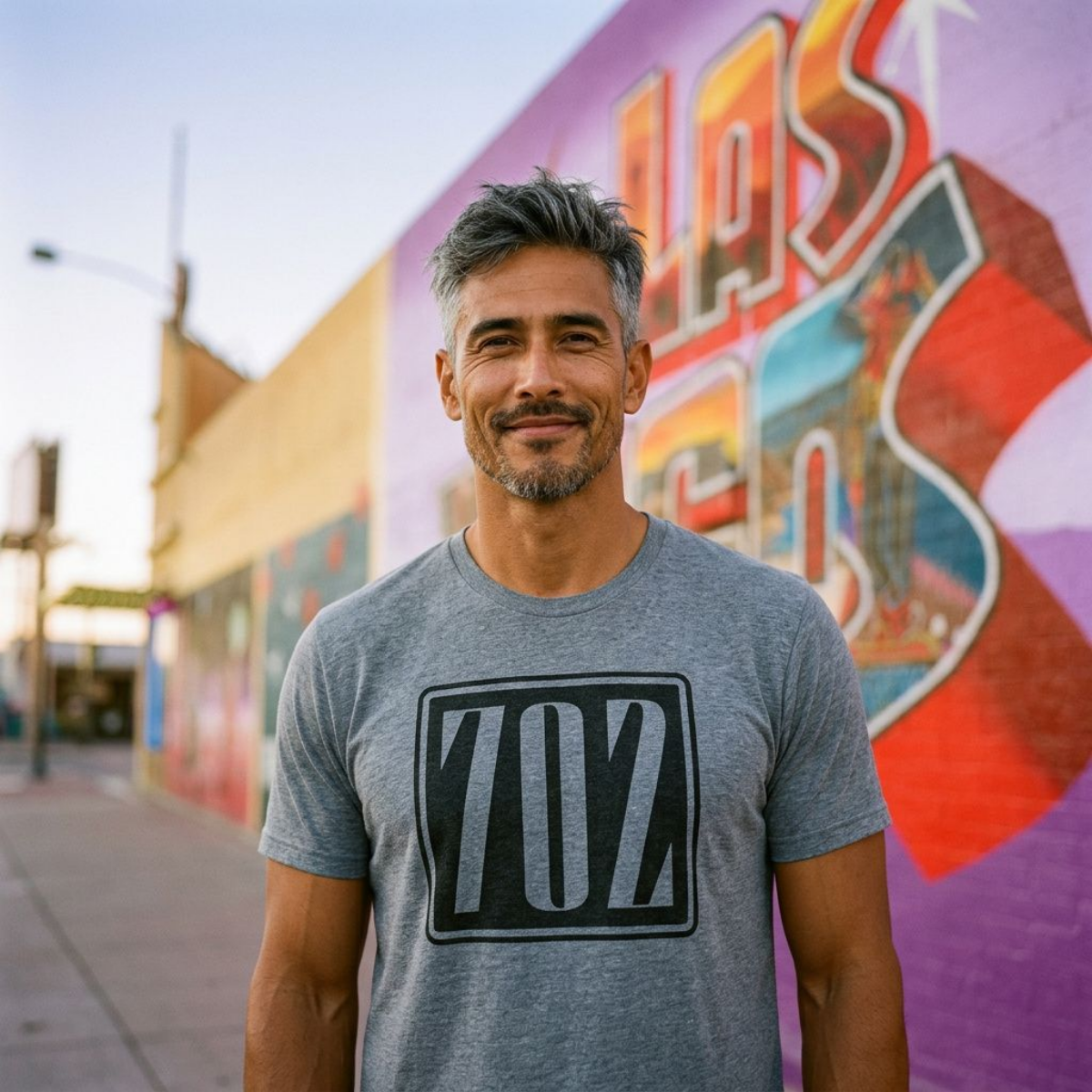 702 Square Las Vegas area code t-shirt in premium heather, front view against the Greetings from Las Vegas postcard mural
