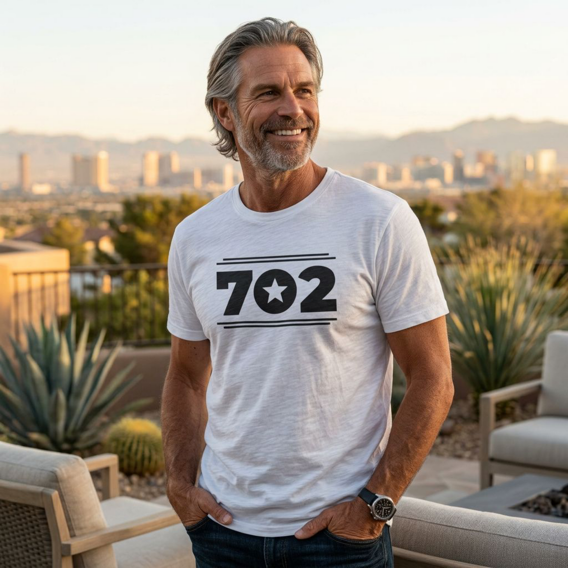 702 Star Las Vegas area code t-shirt lifestyle shot in white