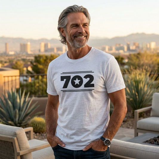 702 Star Las Vegas area code t-shirt lifestyle shot in white