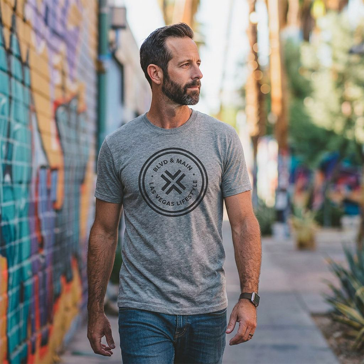 BLVD Circle Las Vegas t-shirt lifestyle shot in venetian gray