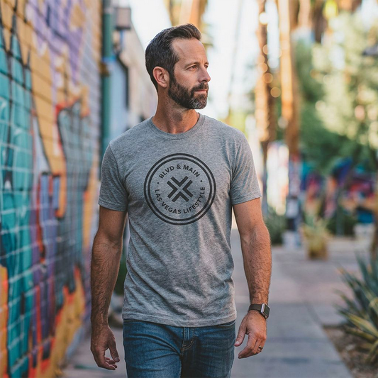 BLVD Circle Las Vegas t-shirt lifestyle shot in venetian gray