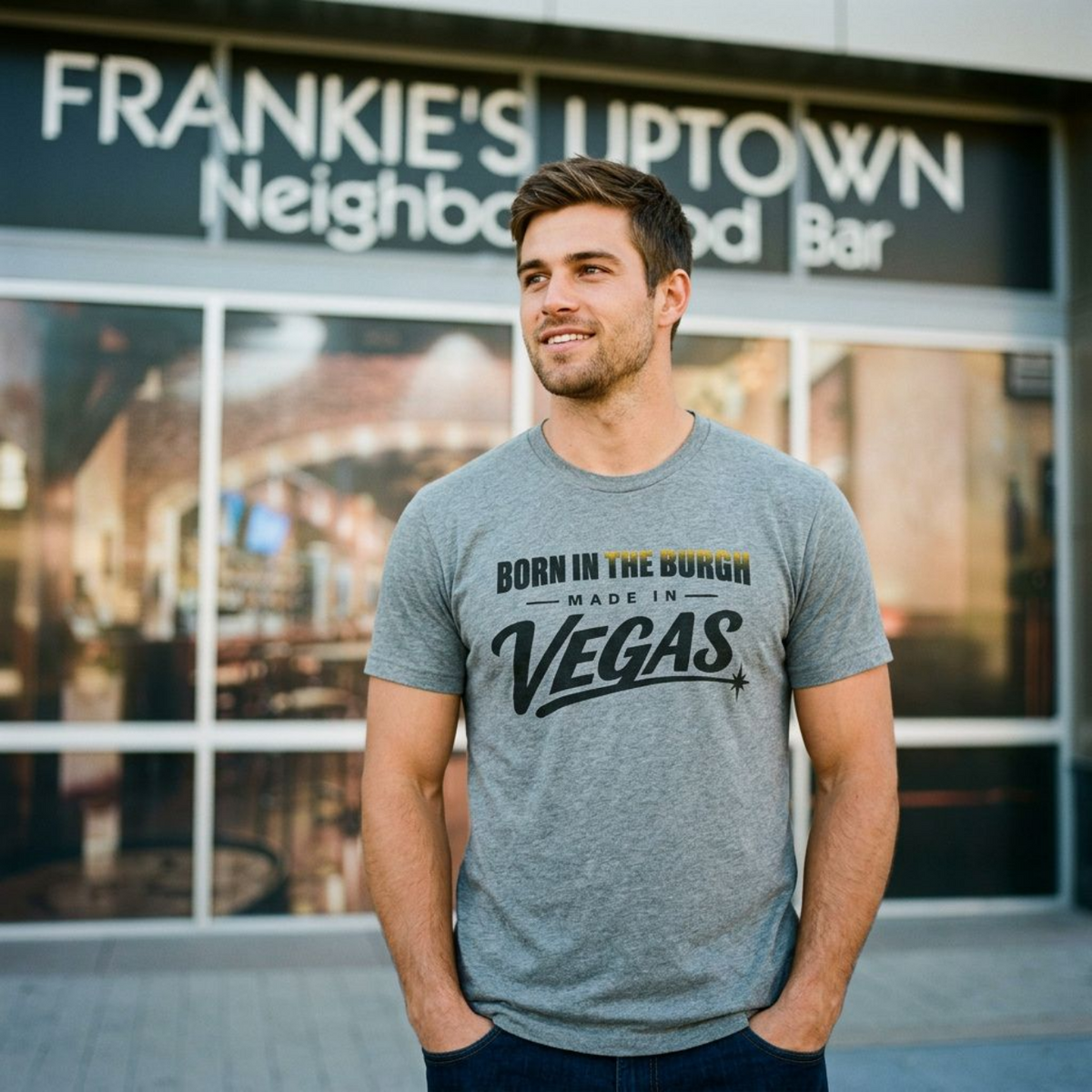 Born In The Burgh Las Vegas t-shirt second lifestyle shot in premium heather