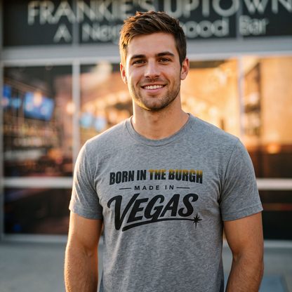 Born In The Burgh Las Vegas t-shirt lifestyle shot in premium heather