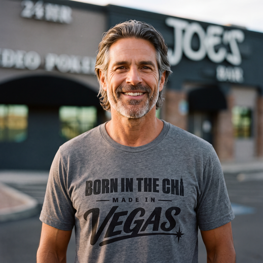 Born In The Chi Las Vegas t-shirt lifestyle shot in premium heather