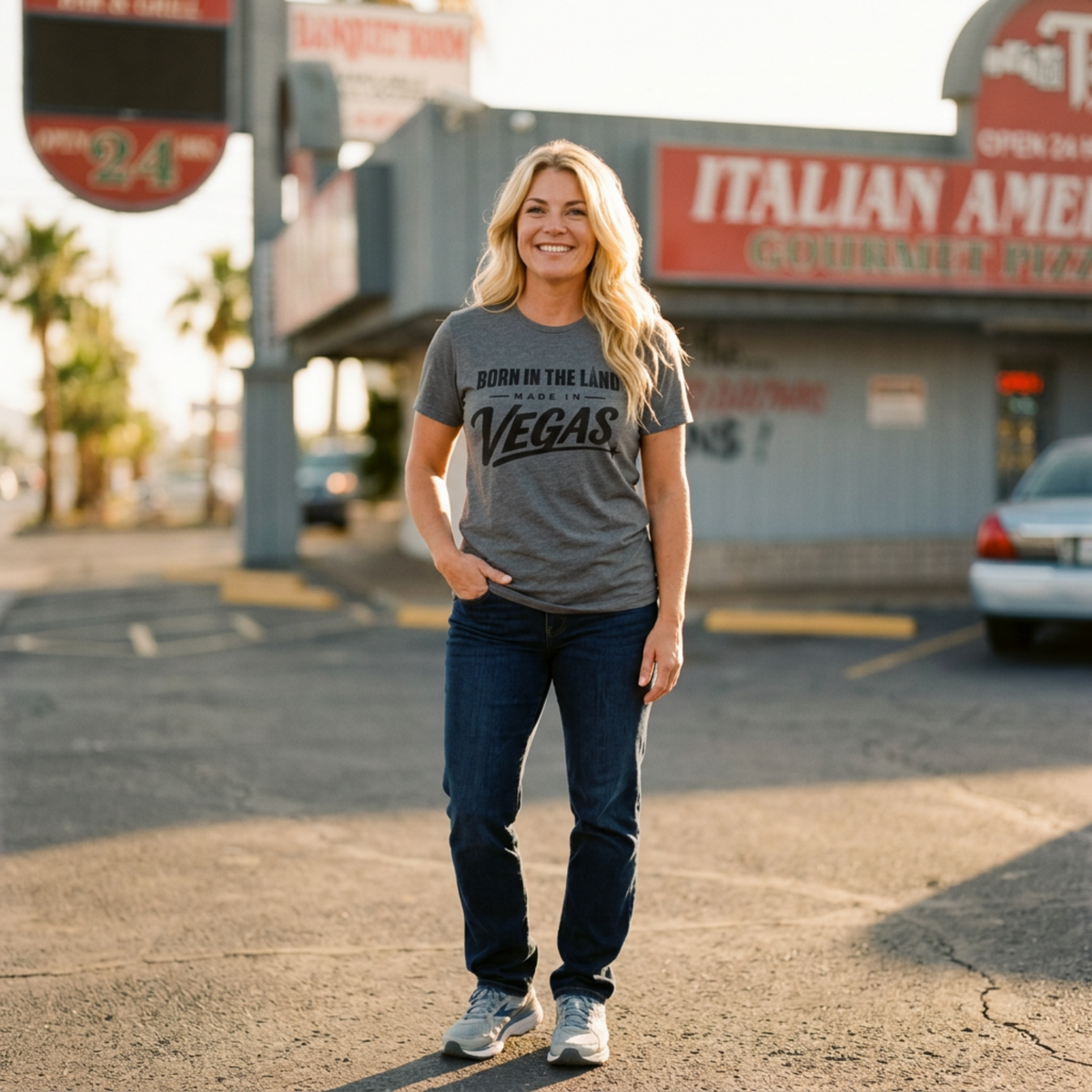 Made In The Land Las Vegas t-shirt fourth lifestyle shot in premium heather