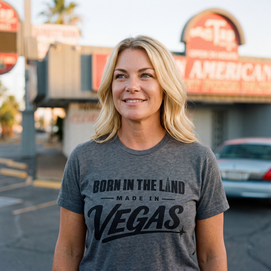 Made In The Land Las Vegas t-shirt lifestyle shot in premium heather