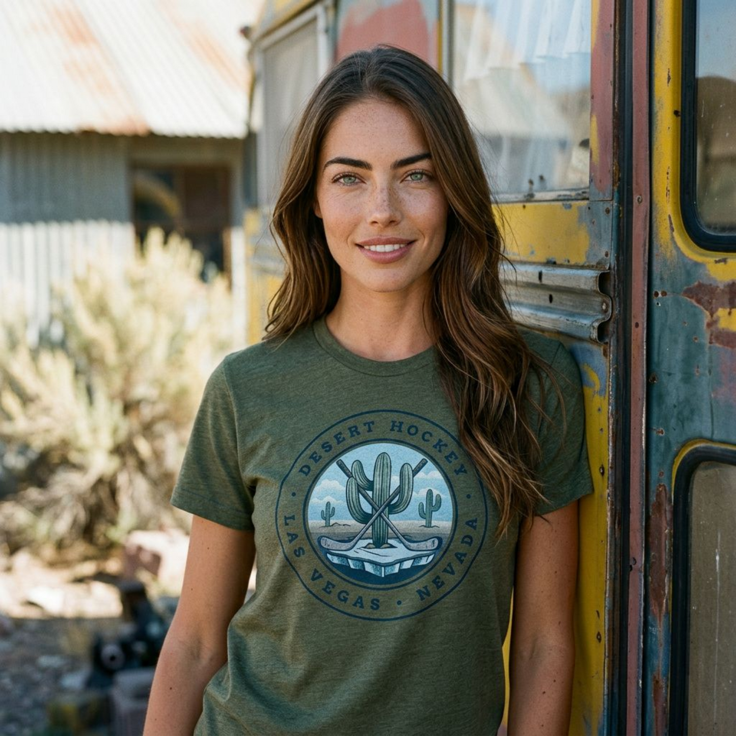 Desert Hockey Cactus Las Vegas Golden Knights t-shirt lifestyle shot in military green