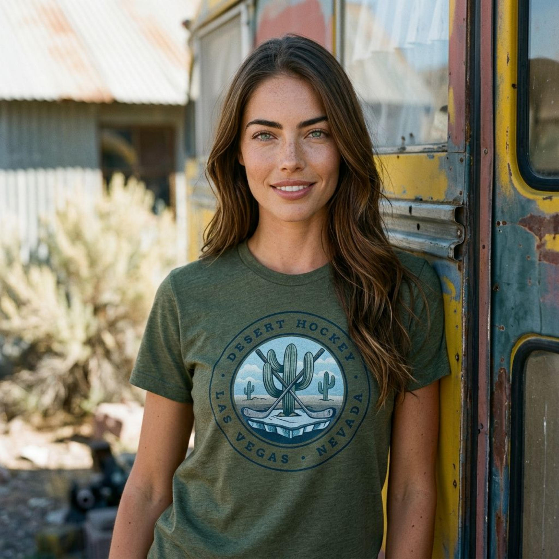 Desert Hockey Cactus Las Vegas Golden Knights t-shirt lifestyle shot in military green