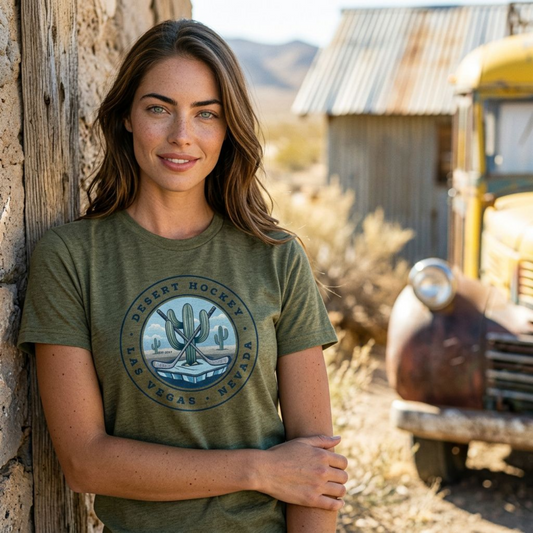 Desert Hockey Cactus Las Vegas Golden Knights t-shirt lifestyle shot in military green