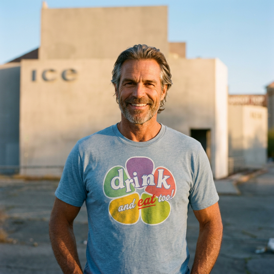 Drink And Eat Too Las Vegas Golden Knights t-shirt lifestyle shot in vintage stonewash denim