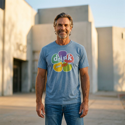 Drink And Eat Too Las Vegas Golden Knights t-shirt lifestyle shot in vintage stonewash denim