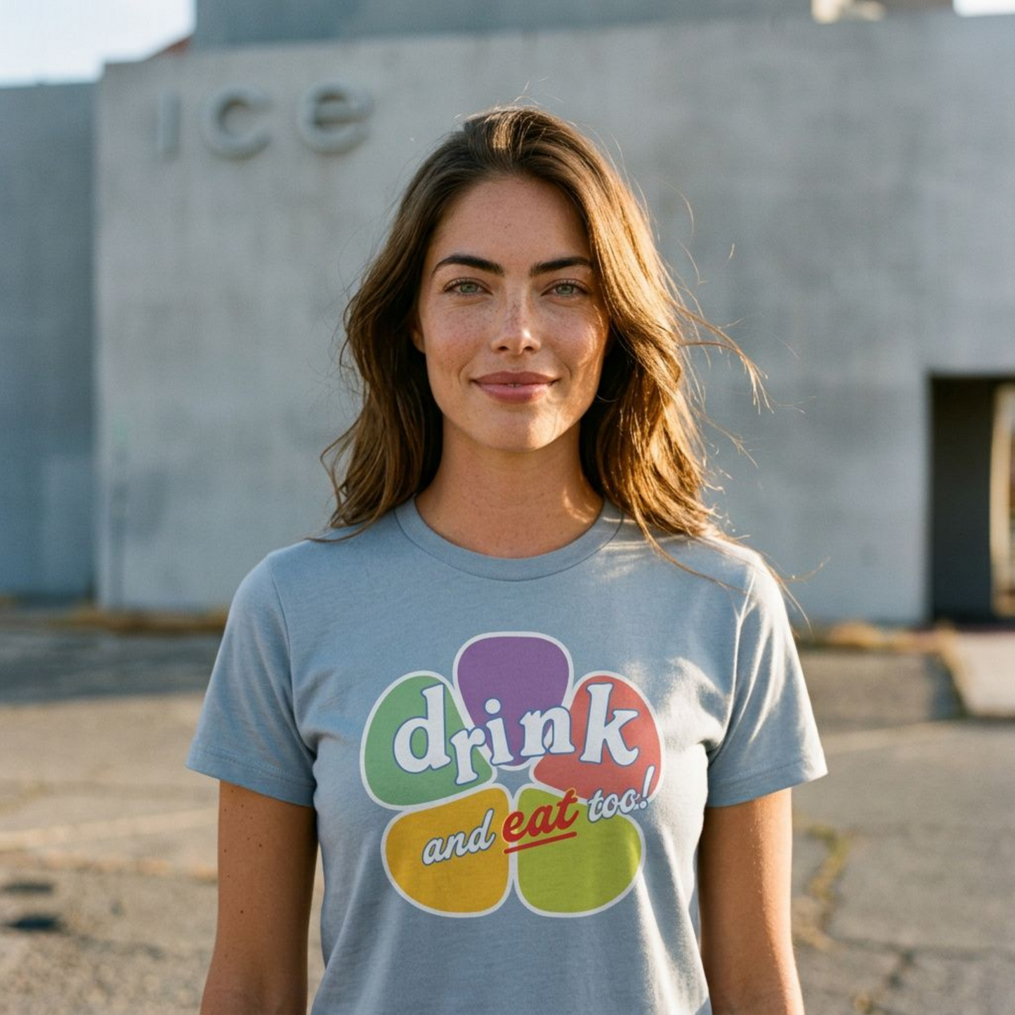 Drink And Eat Too Las Vegas Golden Knights t-shirt lifestyle shot in vintage stonewash denim