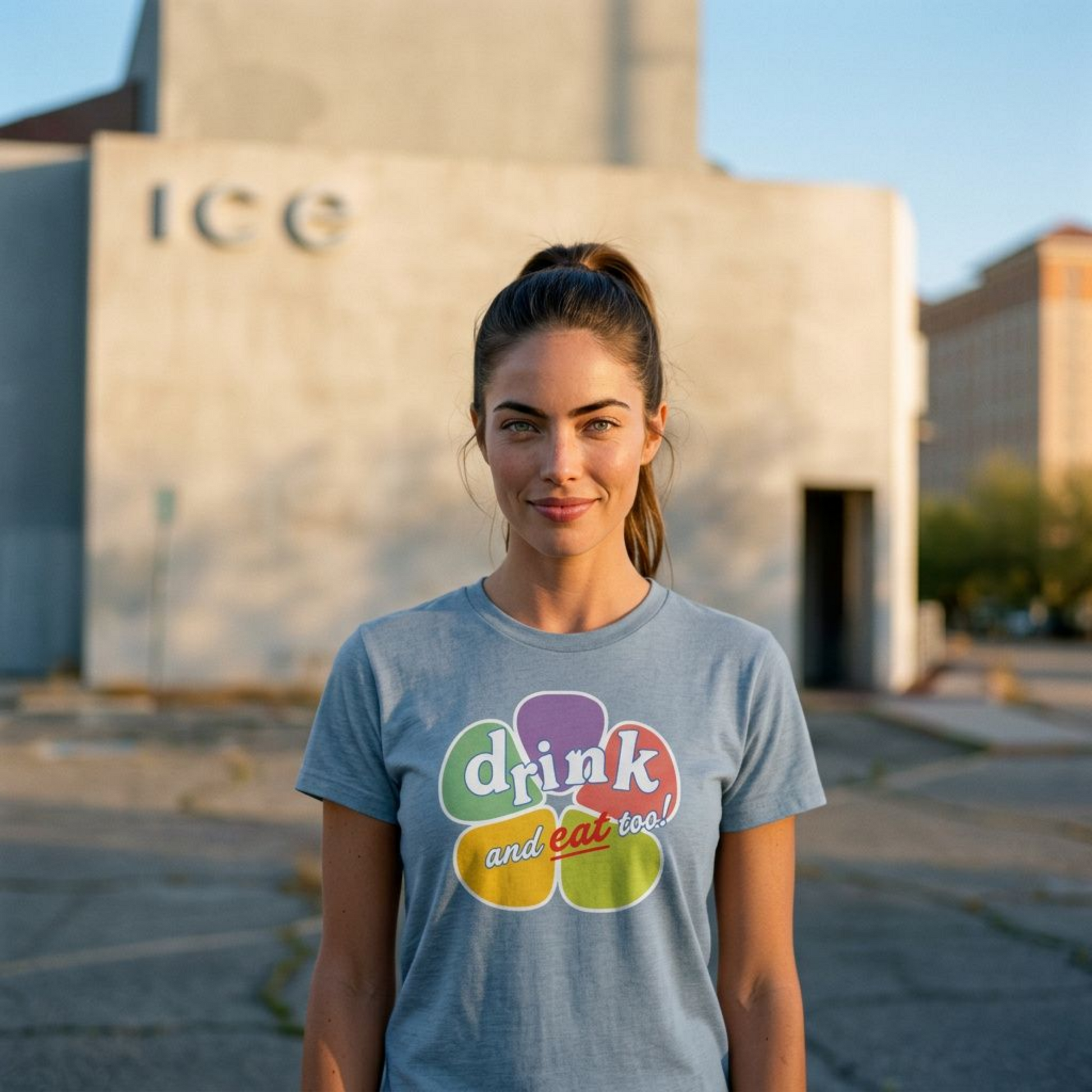 Drink And Eat Too Las Vegas Golden Knights t-shirt lifestyle shot in vintage stonewash denim