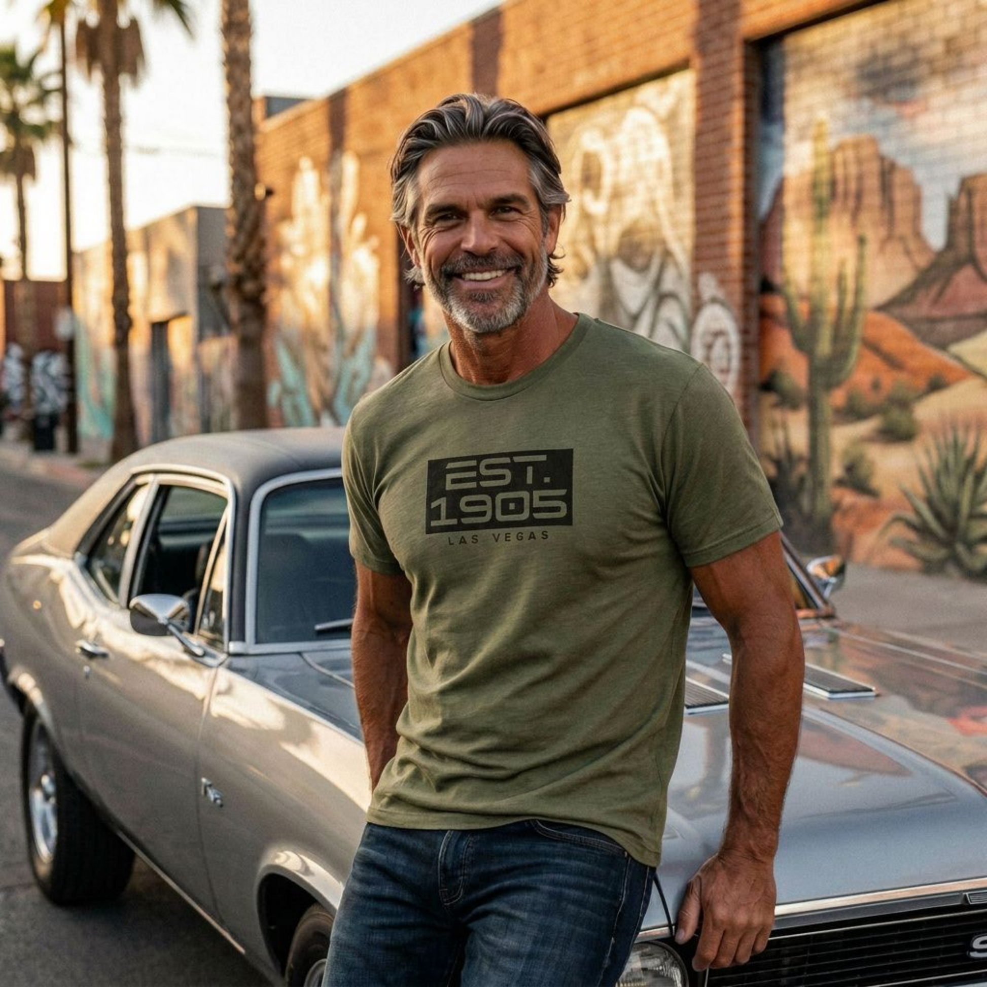 Established 1905 Las Vegas founded t-shirt lifestyle shot in military green