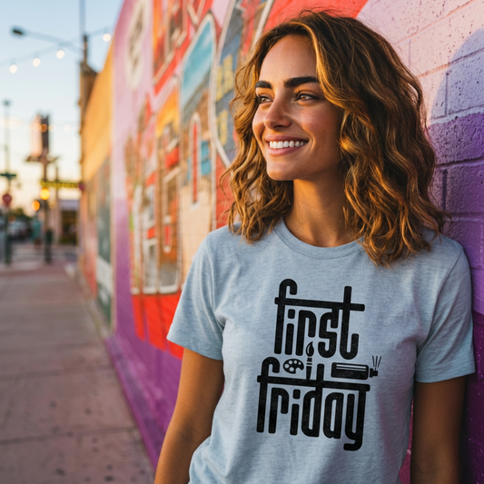 First Friday Las Vegas Arts District t-shirt lifestyle shot in vintage stonewash denim