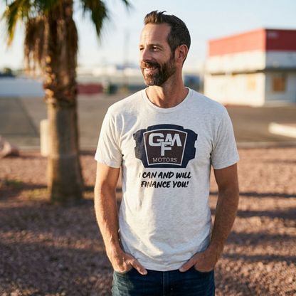 GMF Motors Las Vegas area code t-shirt lifestyle shot in heather white