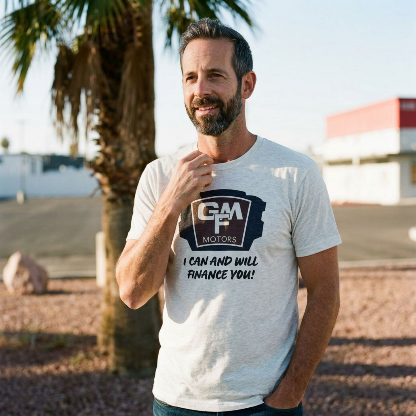 GMF Motors Las Vegas area code t-shirt lifestyle shot in heather white