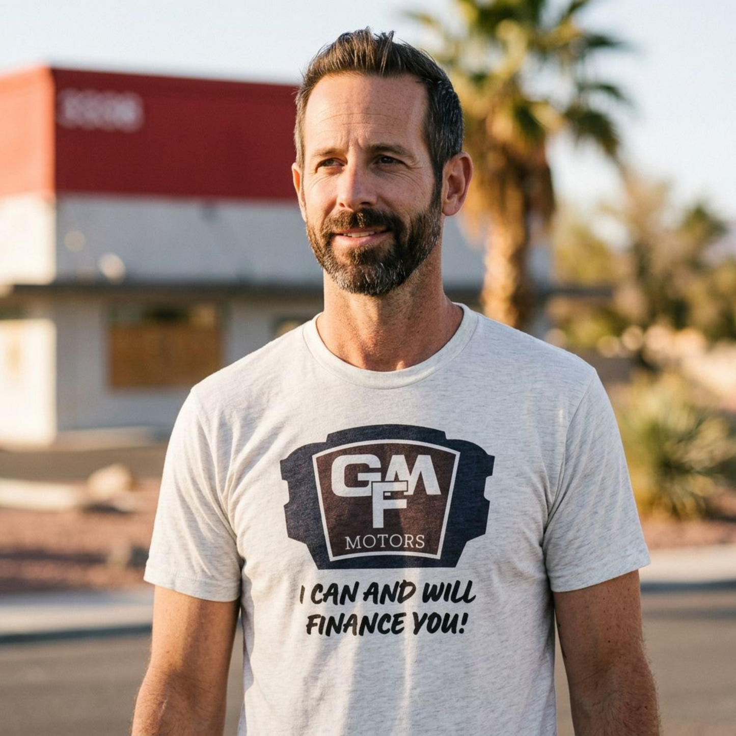 GMF Motors Las Vegas area code t-shirt lifestyle shot in heather white