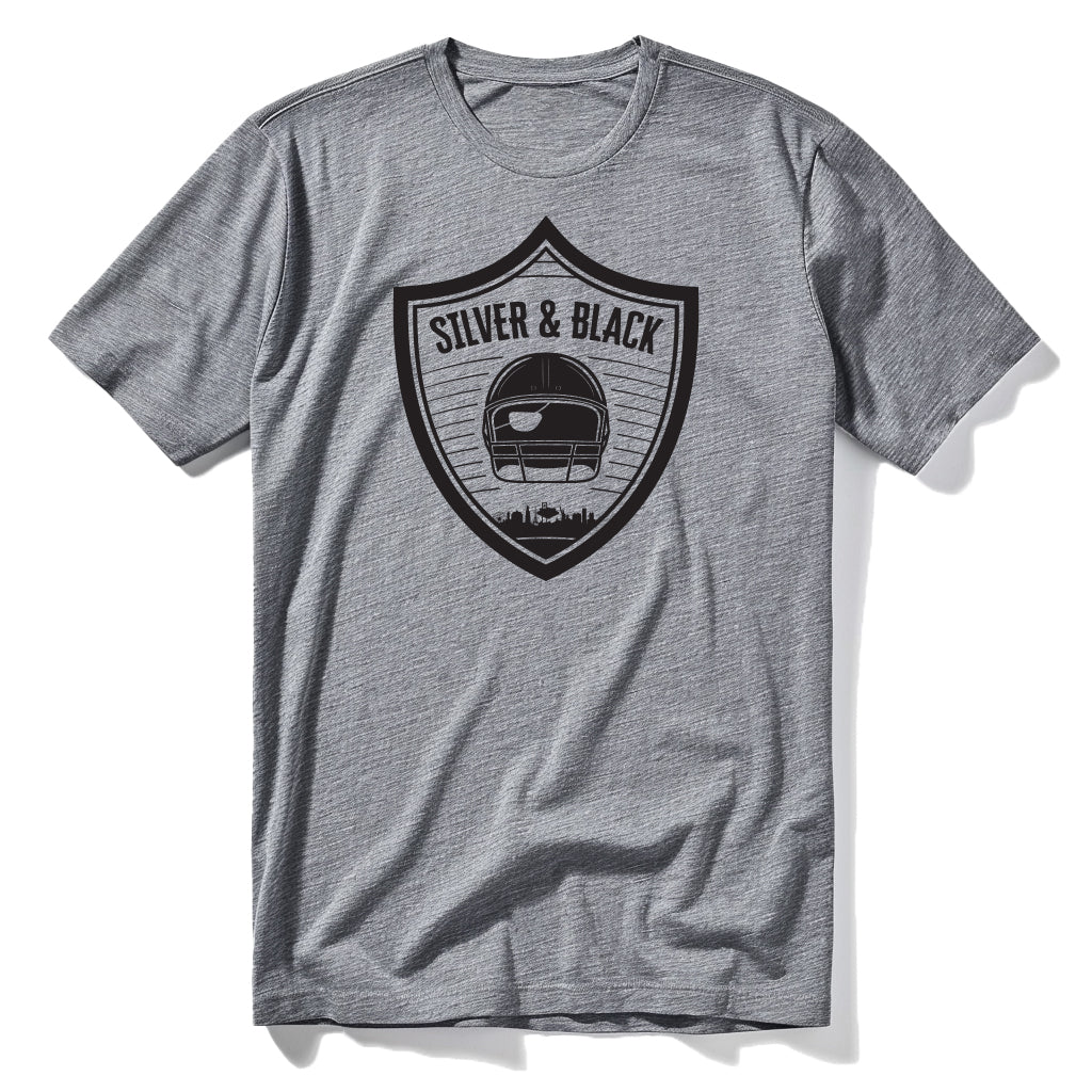 Silver and Black Shield Las Vegas Raiders t-shirt in gray