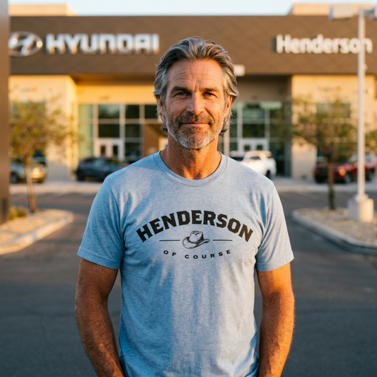 Henderson, Of Course Henderson Nevada t-shirt lifestyle shot in vintage stonewash denim