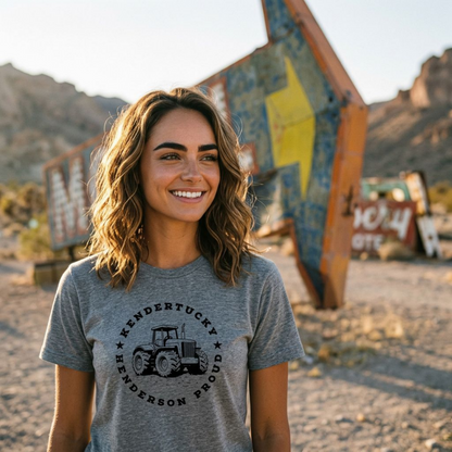 Hendertucky Tractor Henderson Nevada t-shirt lifestyle shot in premium heather