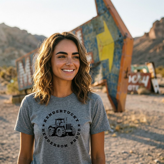Hendertucky Tractor Henderson Nevada t-shirt lifestyle shot in premium heather