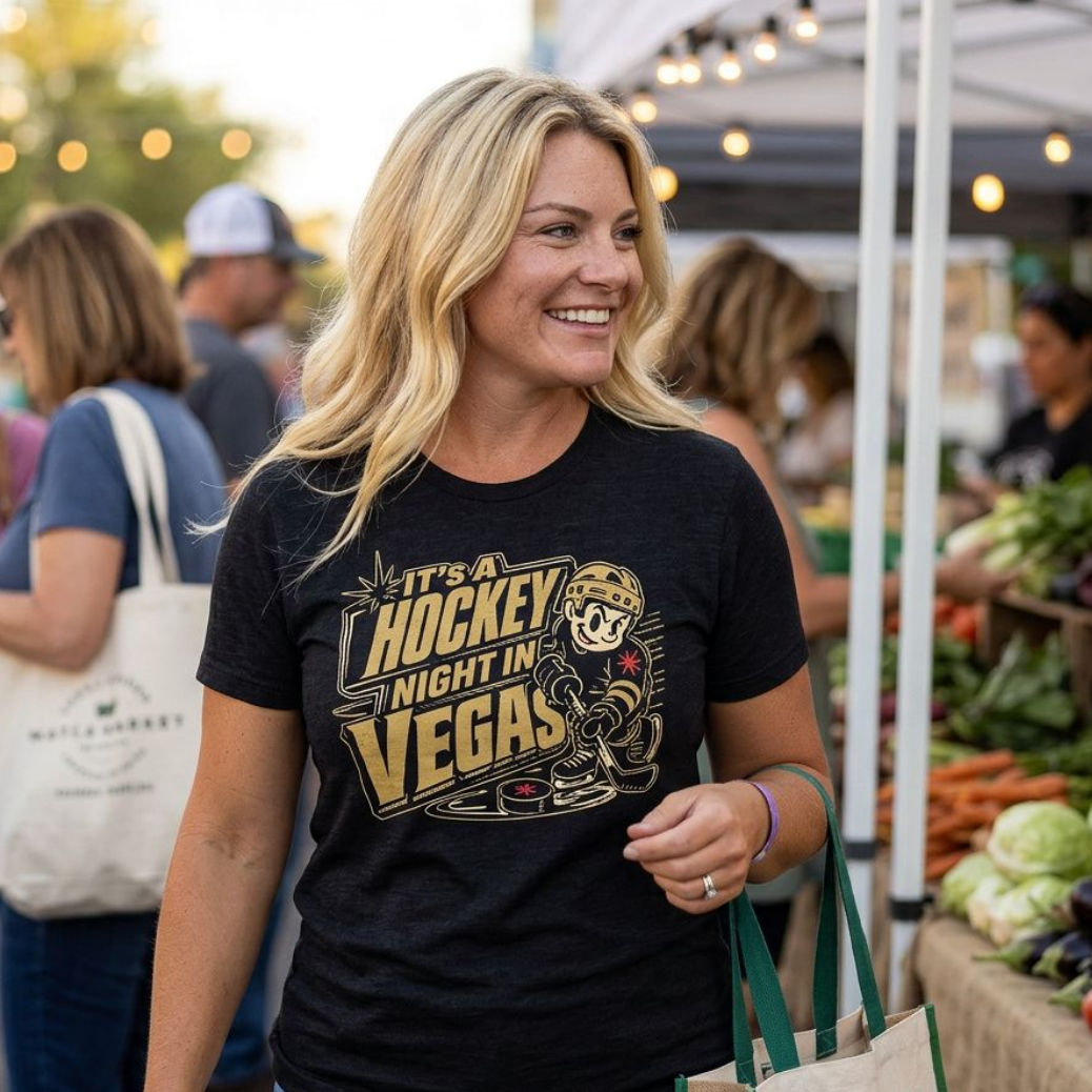 Hockey Night Vegas Las Vegas Golden Knights t-shirt lifestyle shot in black