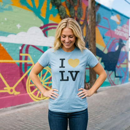 Love LV Las Vegas t-shirt second lifestyle shot in vintage stonewash denim