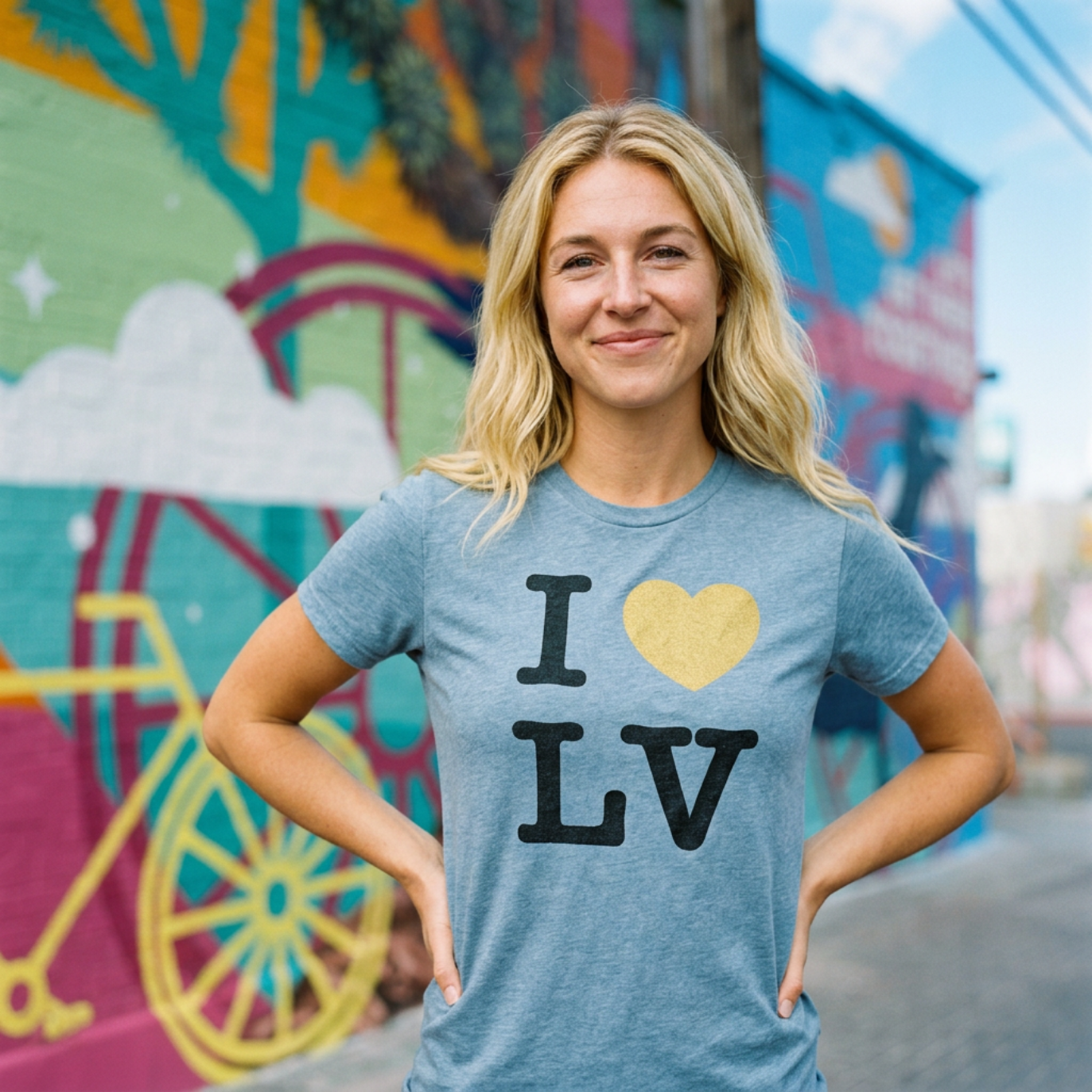 Love LV Las Vegas t-shirt lifestyle shot in vintage stonewash denim