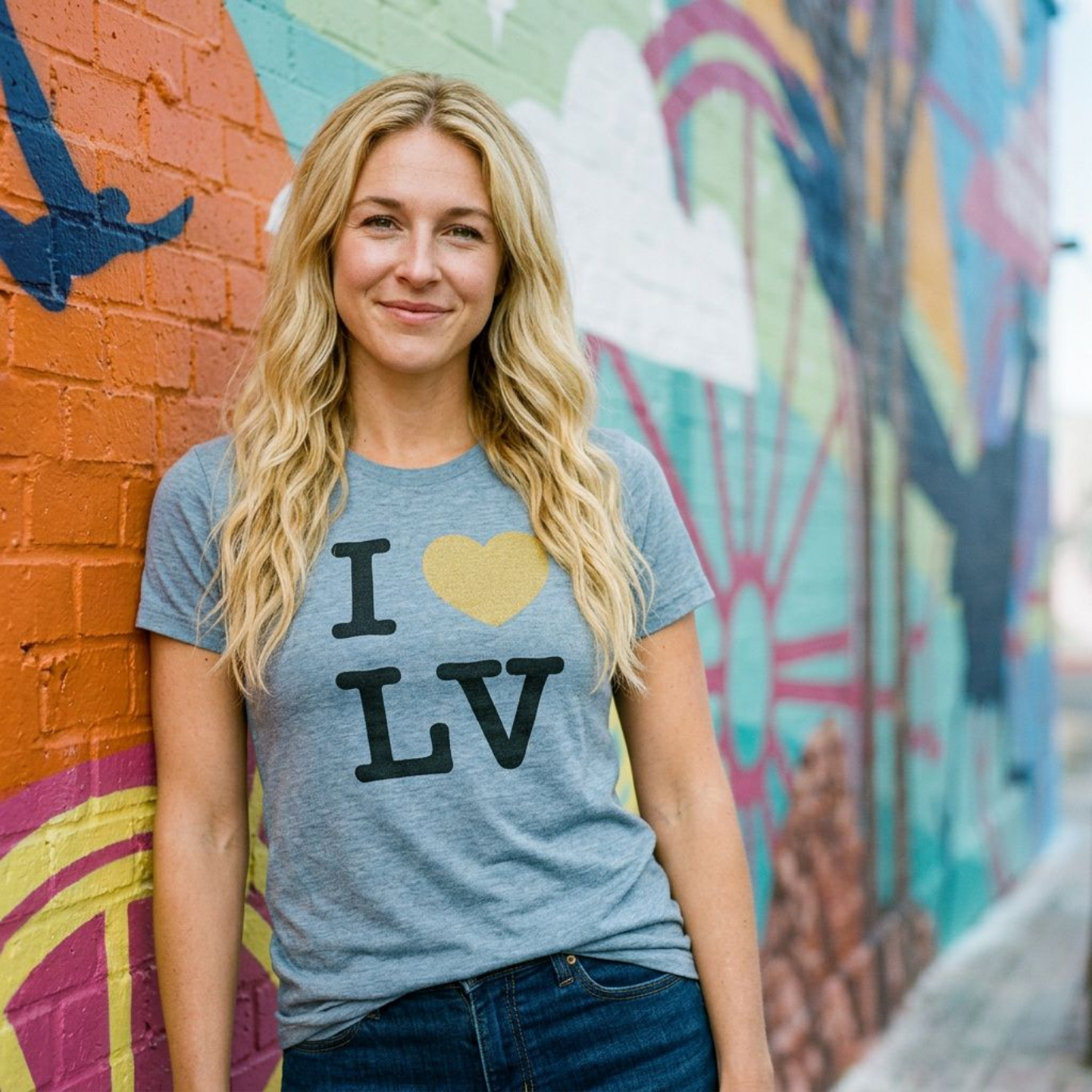 Love LV Las Vegas t-shirt third lifestyle shot in vintage stonewash denim