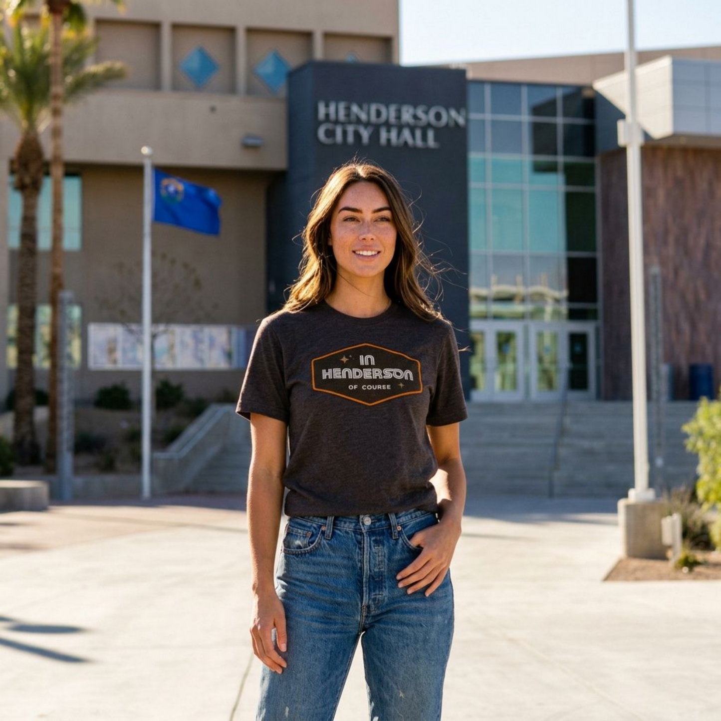 Henderson Badge Of Honor Las Vegas area code t-shirt lifestyle shot in macchiato