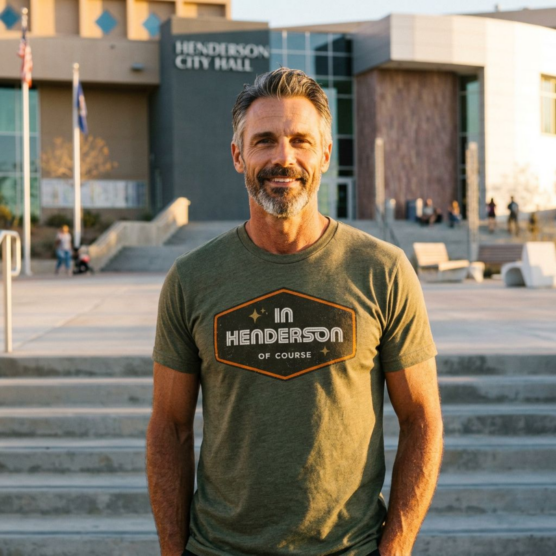Henderson Badge Of Honor Las Vegas area code t-shirt lifestyle shot in military green
