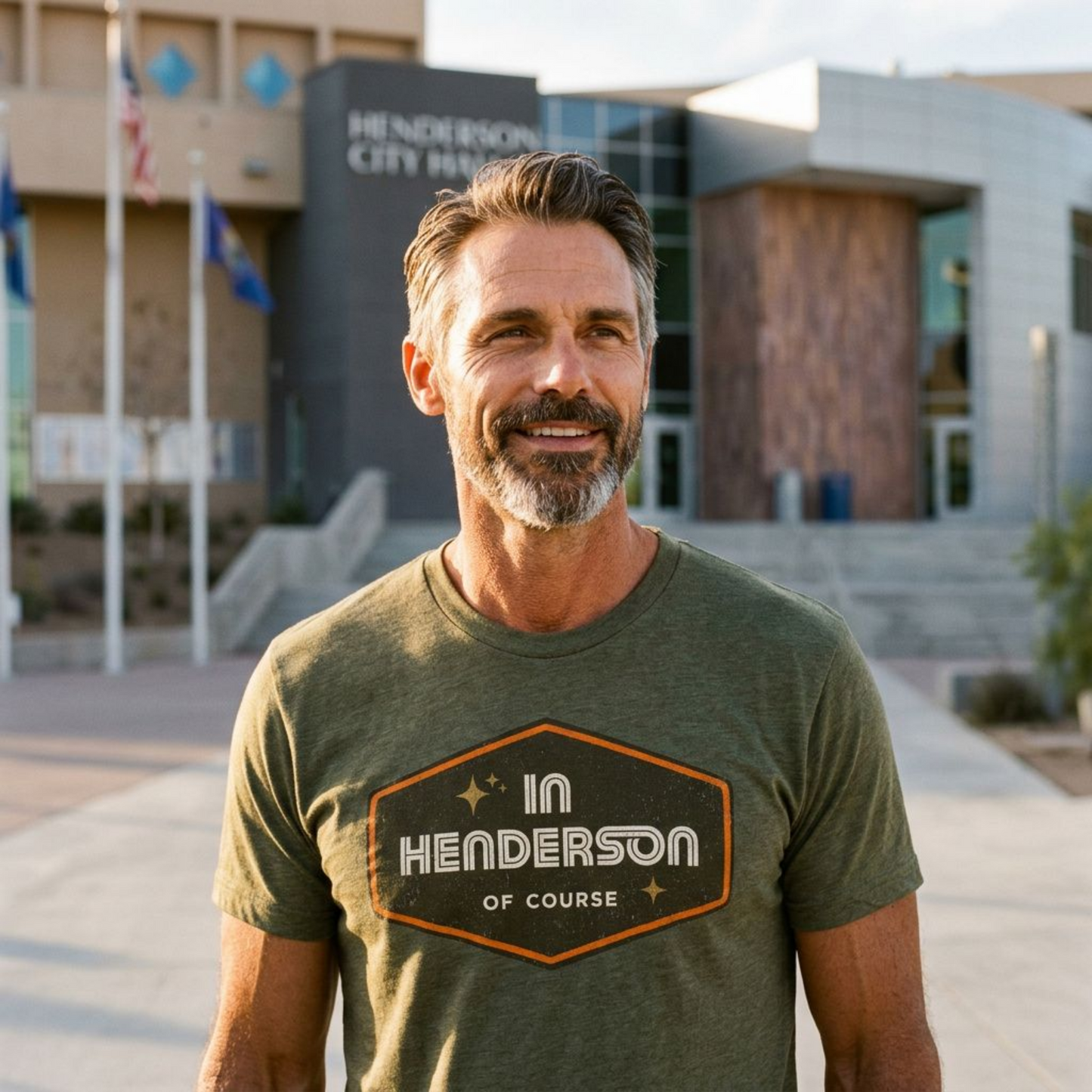 Henderson Badge Of Honor Las Vegas area code t-shirt lifestyle shot in military green