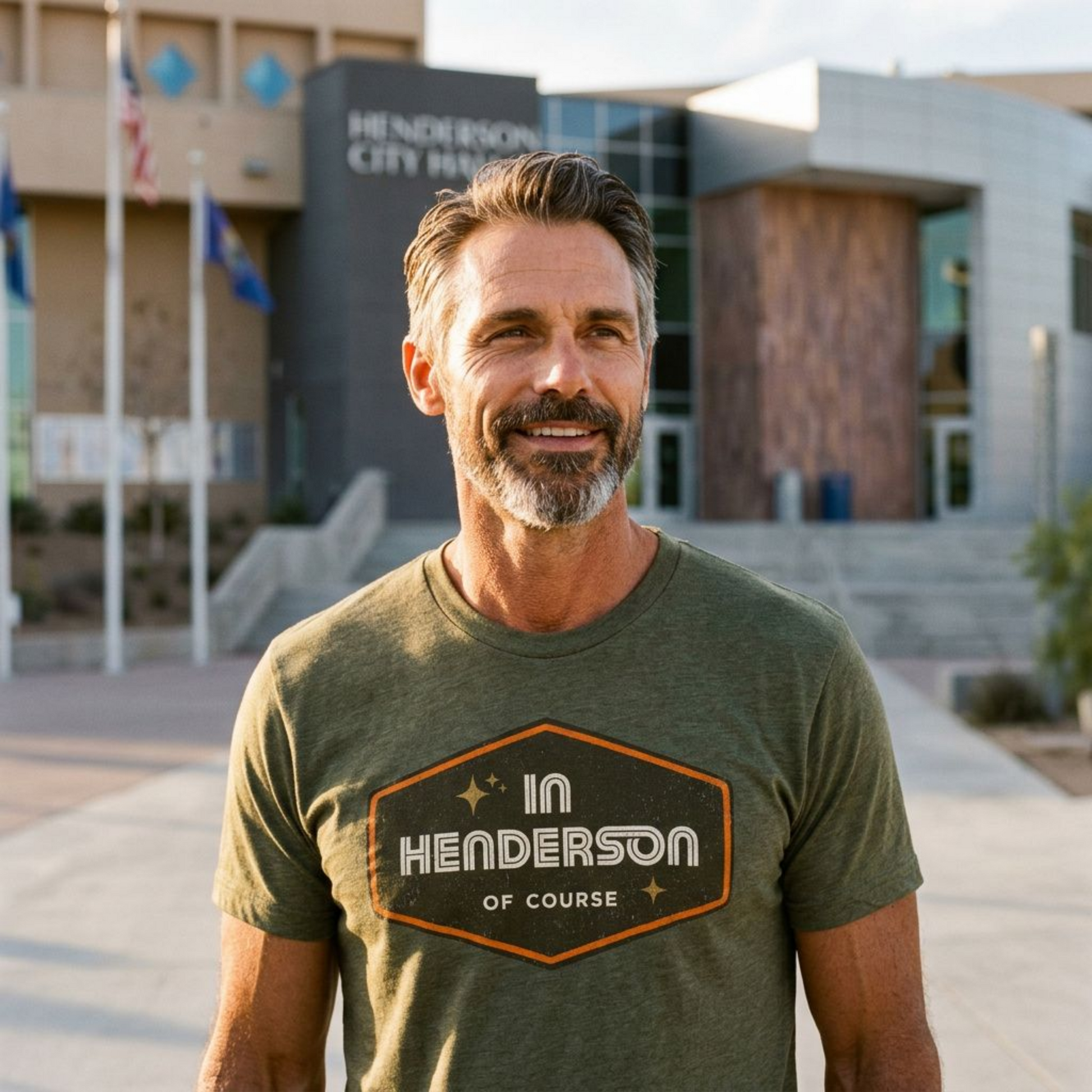 Henderson Badge Of Honor Las Vegas area code t-shirt lifestyle shot in military green