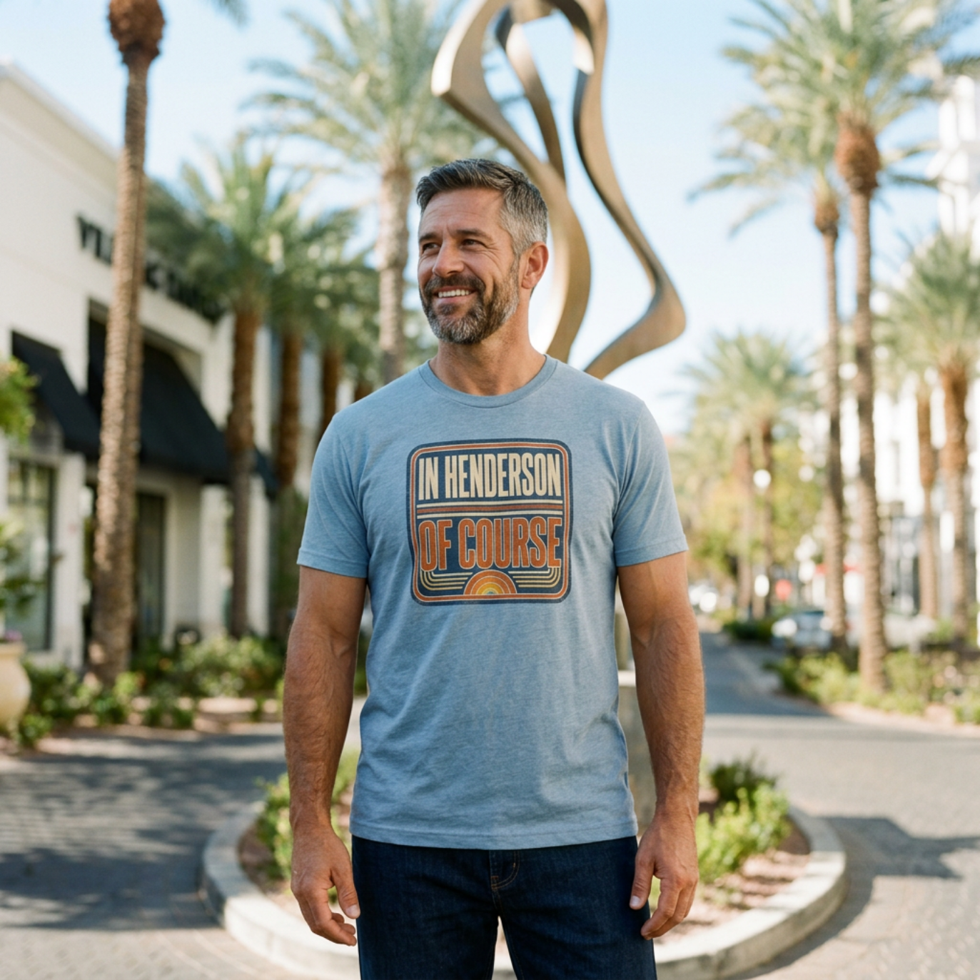 In Henderson Retro Henderson Nevada t-shirt lifestyle shot in vintage stonewash denim