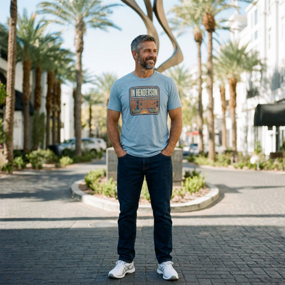 In Henderson Retro Henderson Nevada t-shirt lifestyle shot in vintage stonewash denim