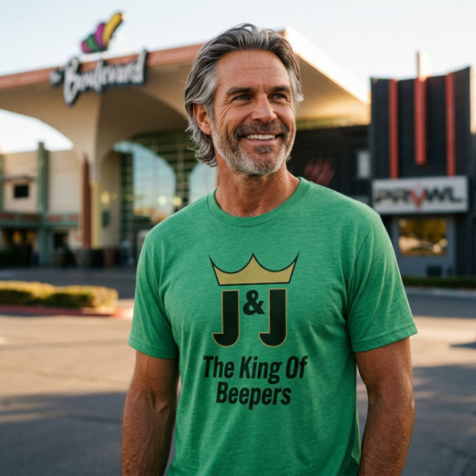 The King Of Beepers! Las Vegas area code t-shirt lifestyle shot in envy