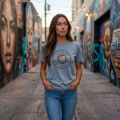 Las Vegas Arts District t-shirt lifestyle shot in stonewash denim