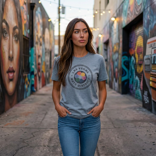 Las Vegas Arts District t-shirt lifestyle shot in stonewash denim