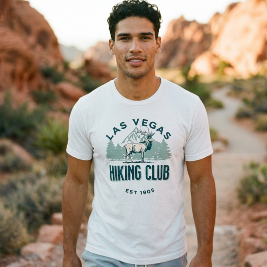 Las Vegas Hiking Club Las Vegas t-shirt lifestyle shot in white